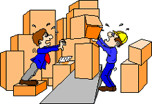 Cartoon workers struggling to move boxes.