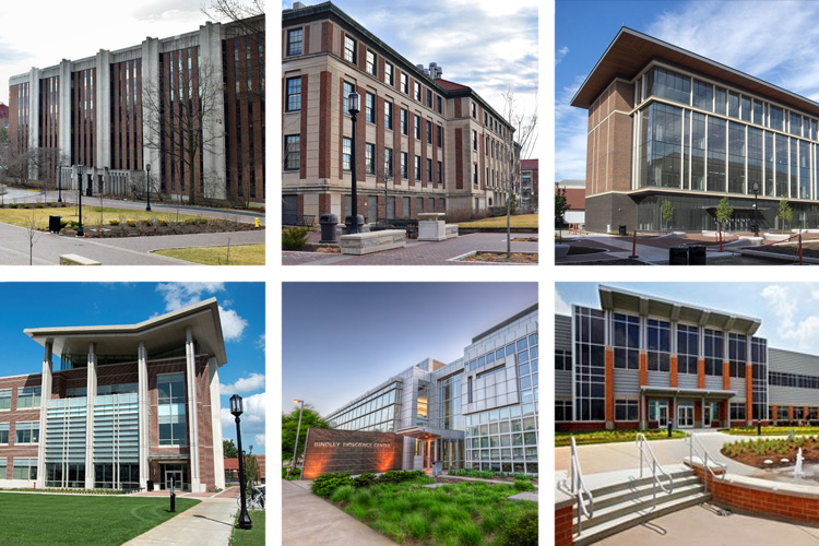 A collage of Herbert C. Brown Laboratory of Chemistry, Richard B. Wetherill Laboratories, Chaney-Hale Hall of Science, Drug Discovery Building, Discovery Park, and Purdue Research Park.