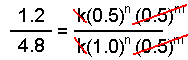 Ration of rate law 1 and rate law 2 with data