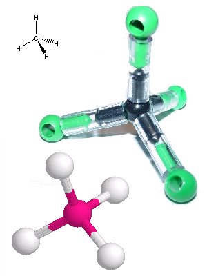 Image: Three representations of methane: stick drawing, computer rendering, physical model