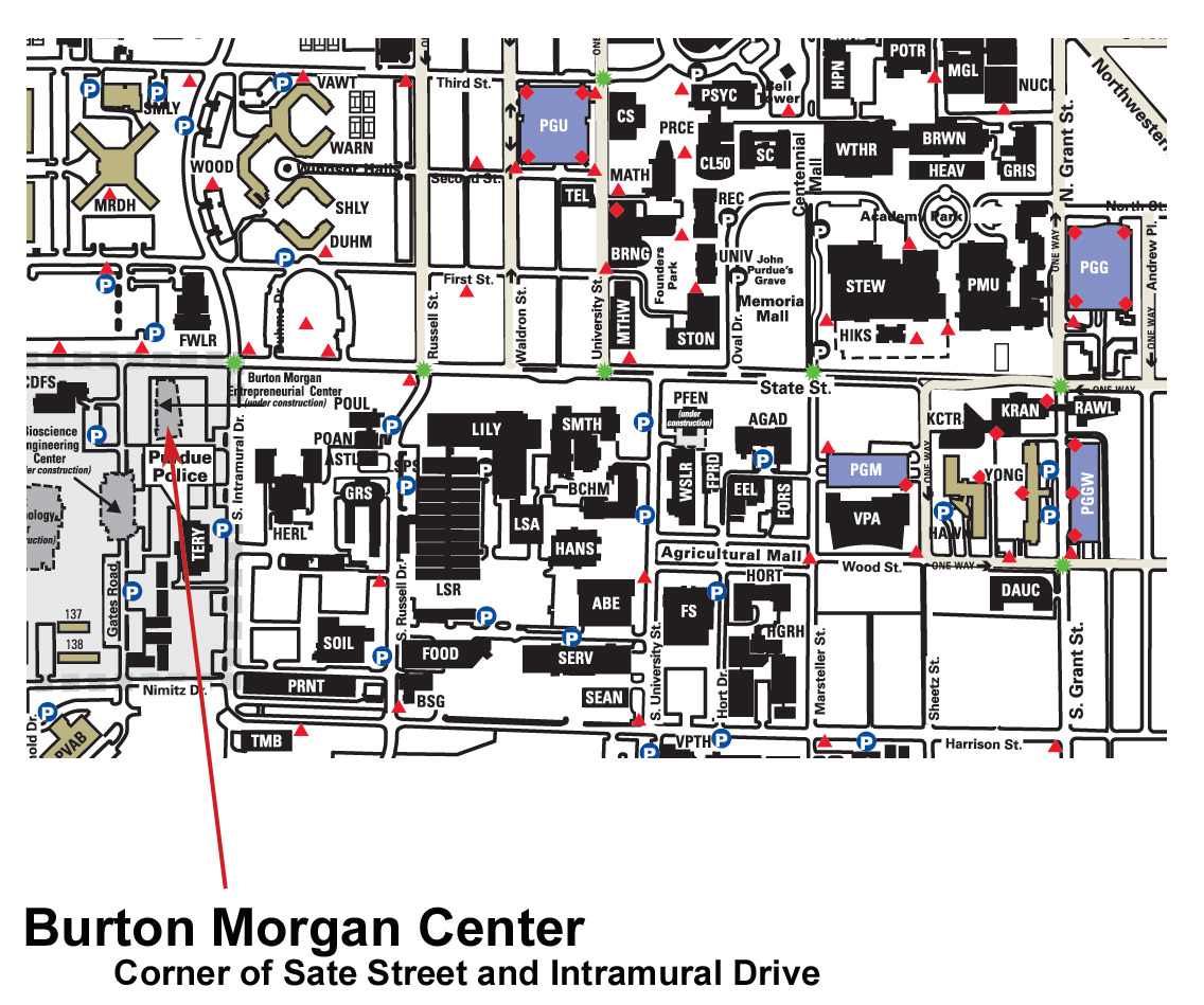 Purdue map, pointing out the Burton D. Morgan Center