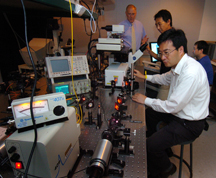 Ji-Xin Cheng (foreground), Wei He, Philip Low (left), Haifeng Wang (right)