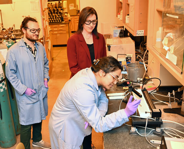 Chemistry professor Shelley Claridge mentors students in her lab.