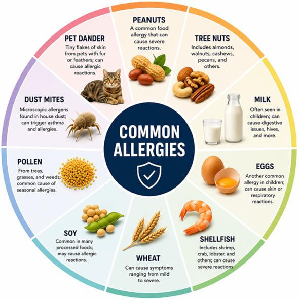 A pie chart describing the 9 most common allergies: peanuts, tree nuts, milk, eggs, shellfish, wheat, soy, pollen, and dust mites.
