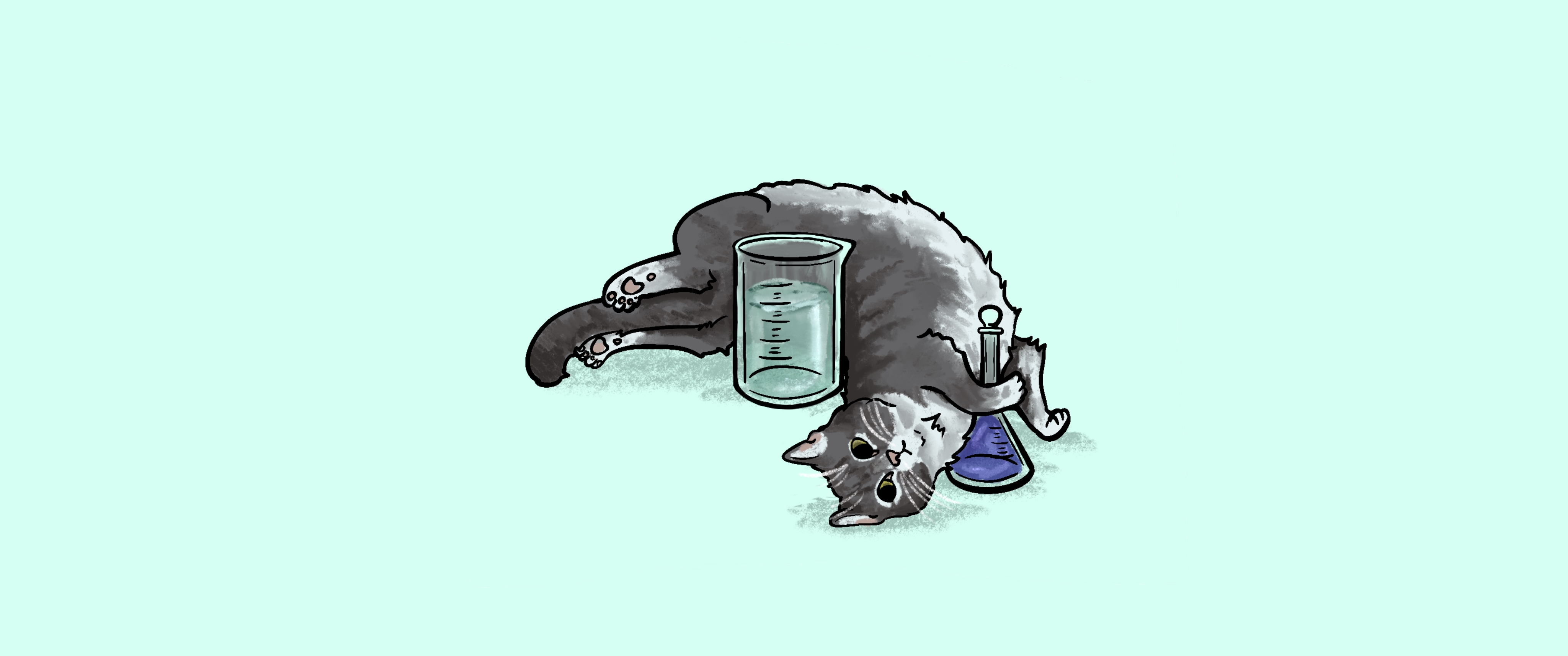 An illustration of a cat curled around a beaker.