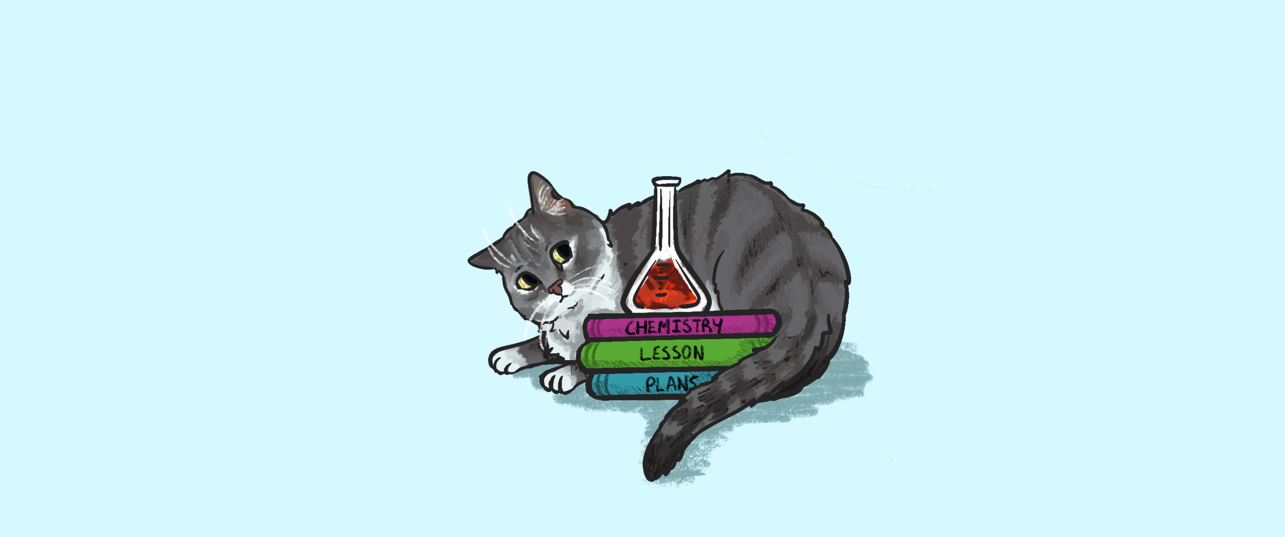 An illustration of a cat curled around science books.